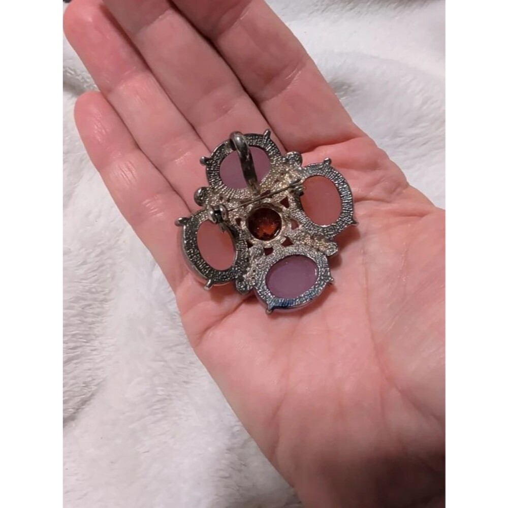 Convertible Pastel Cabochon Brooch Pendant  Pink & Peach Rhinestone Statement Pi - Picture 5 of 5